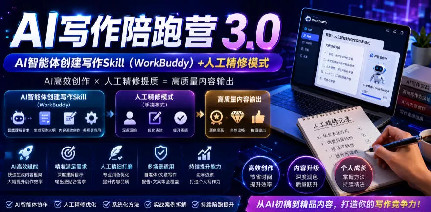 AI写作陪跑营3.0，Ai智能体创建写作skill(workbuddy)+人工手写模式(手搓模式)，去除AI痕迹(头条号、公众号、百家号)(更新0814) - 来及网络
