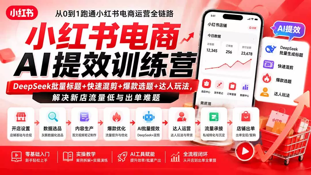 小红书电商AI提效训练营—DeepSeek批量标题+快速混剪+爆款选题+达人玩法，解决新店流量低与出单难题 - 来及网络