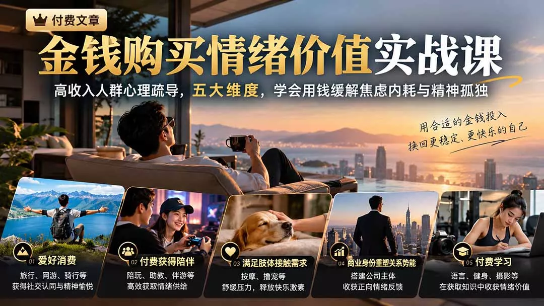 付费文章：金钱购买情绪价值实战课｜高收入人群心理疏导，五大维度，学会用钱缓解焦虑内耗与精神孤独 - 来及网络
