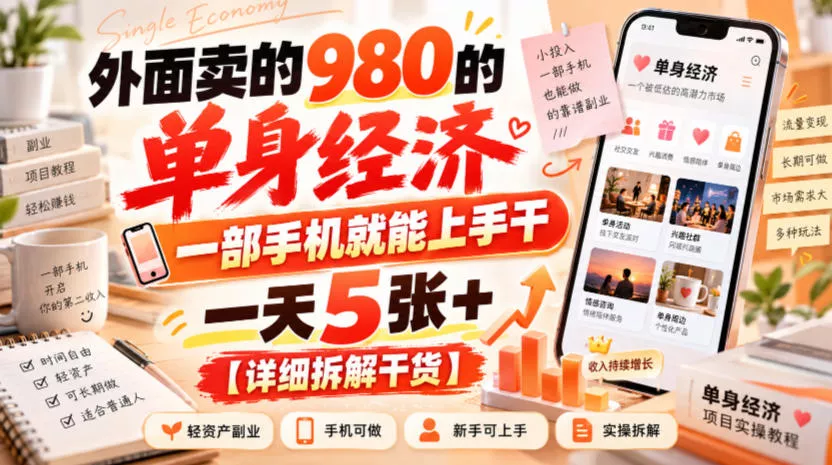 外面卖的980的单身经济，一部手机就能上手干，一天5张+【详细拆解干货】 - 来及网络