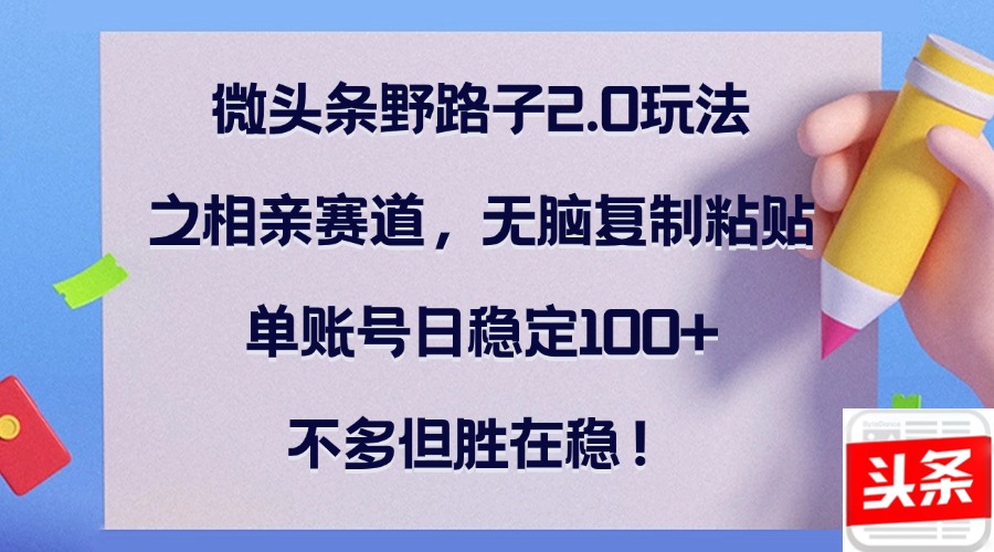 （12763期）微头条野路子2.0玩法之相亲赛道，无脑复制粘贴，单账号日稳定100+，不… - 来及网络