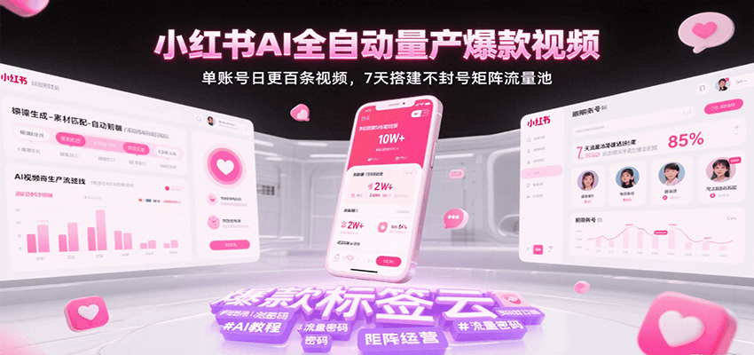小红书AI全自动量产爆款视频，单账号日更百条视频，7天搭建不封号矩阵流量池 - 来及网络