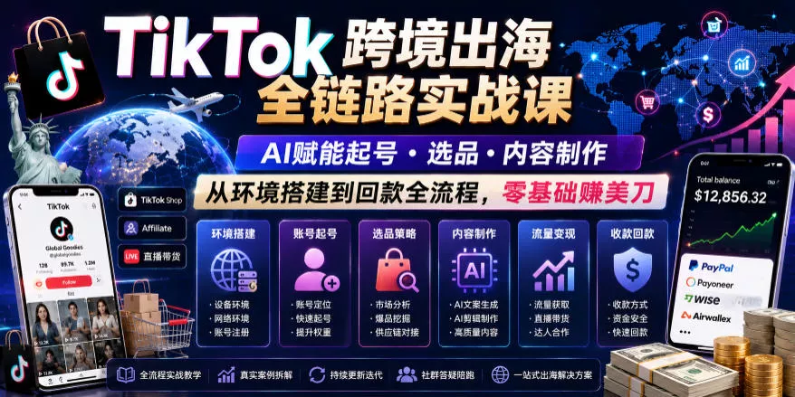 TikTok跨境出海全链路实战课，AI赋能起号・选品・内容制作，从环境搭建到回款全流程，零基础賺美刀 - 来及网络