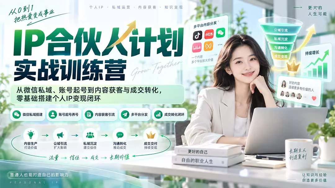 IP合伙人计划实战训练营-更新：从微信私域、账号起号到内容获客与成交转化，零基础搭建个人IP变现闭环 - 来及网络