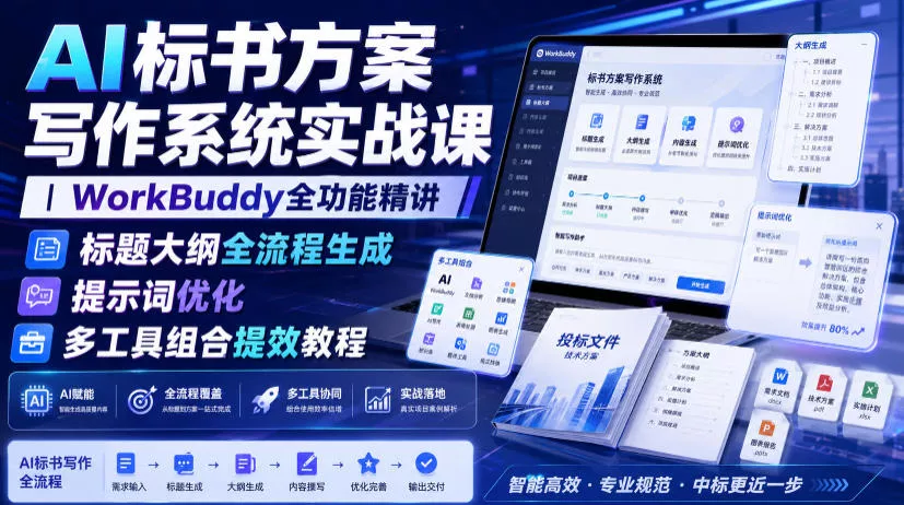AI标书方案写作系统实战课｜WorkBuddy全功能精讲・标题大纲全流程生成・提示词优化・多工具组合提效教程 - 来及网络