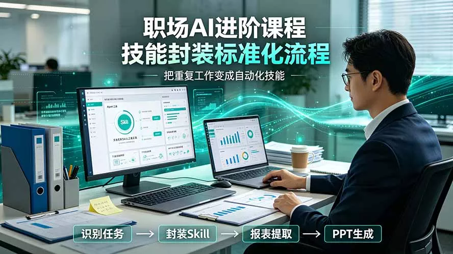 职场AI进阶课程；多类实用Skill工具实操，专属技能封装标准化流程，报表行业报告一键提取核心内容 - 来及网络