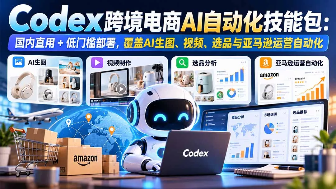 【无水印】Codex跨境电商AI自动化技能包：国内直用+低门槛部署，覆盖AI生图、视频、选品与亚马逊运营自动化 - 来及网络