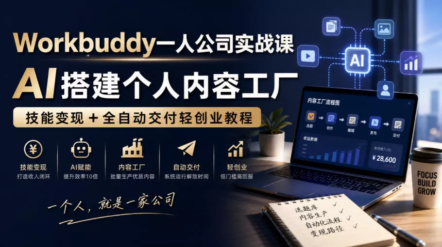 Workbuddy一人公司实战课，AI搭建个人内容工厂，技能变现+全自动交付轻创业教程 - 来及网络