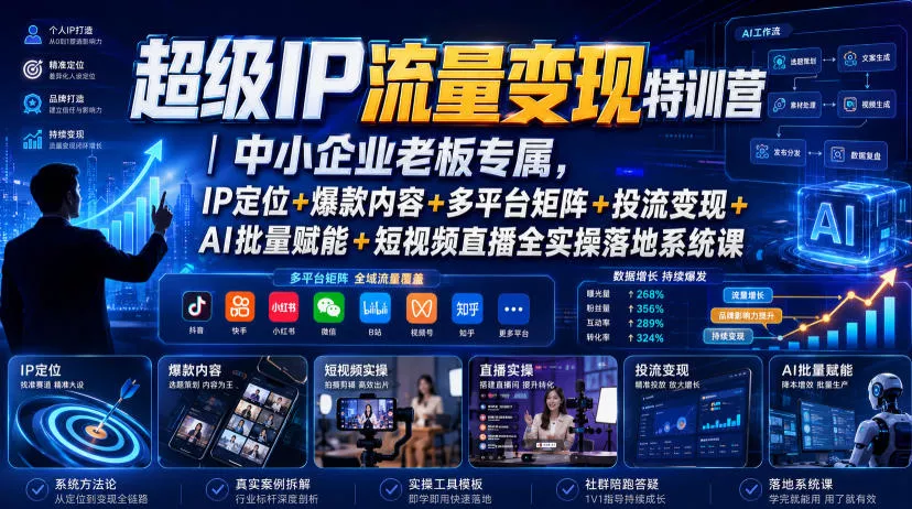超级IP流量变现特训营｜中小企业老板专属，IP定位+爆款内容+多平台矩阵+投流变现+AI批量赋能+短视频直播全实操落地系统课 - 来及网络