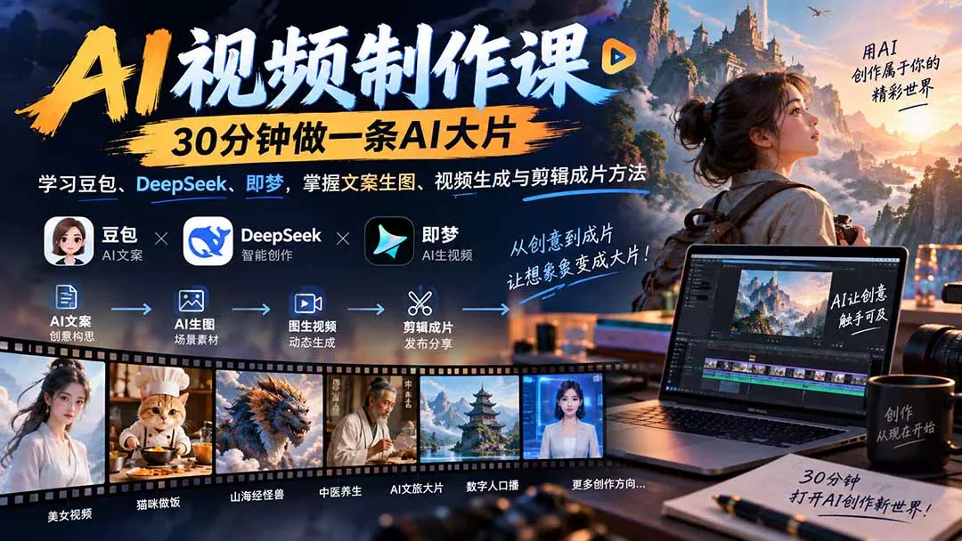 AI视频制作课-30分钟做一条AI大片：学习豆包、DeepSeek、即梦，掌握文案生图、视频生成与剪辑成片方法 - 来及网络