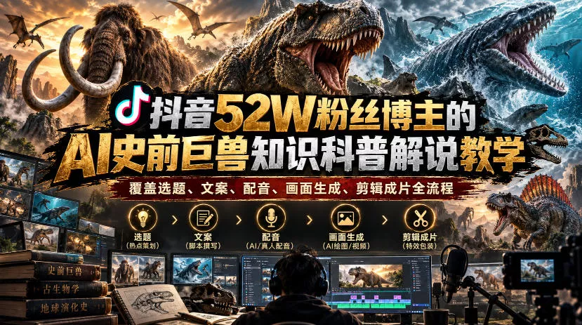 抖音52W粉丝博主的AI史前巨兽知识科普解说教学，覆盖选题、文案、配音、画面生成、剪辑成片全流程 - 来及网络