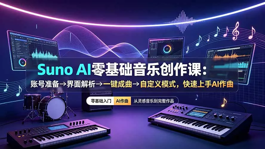 Suno AI零基础音乐创作课：账号准备→界面解析→一键成曲→自定义模式，快速上手AI作曲 - 来及网络