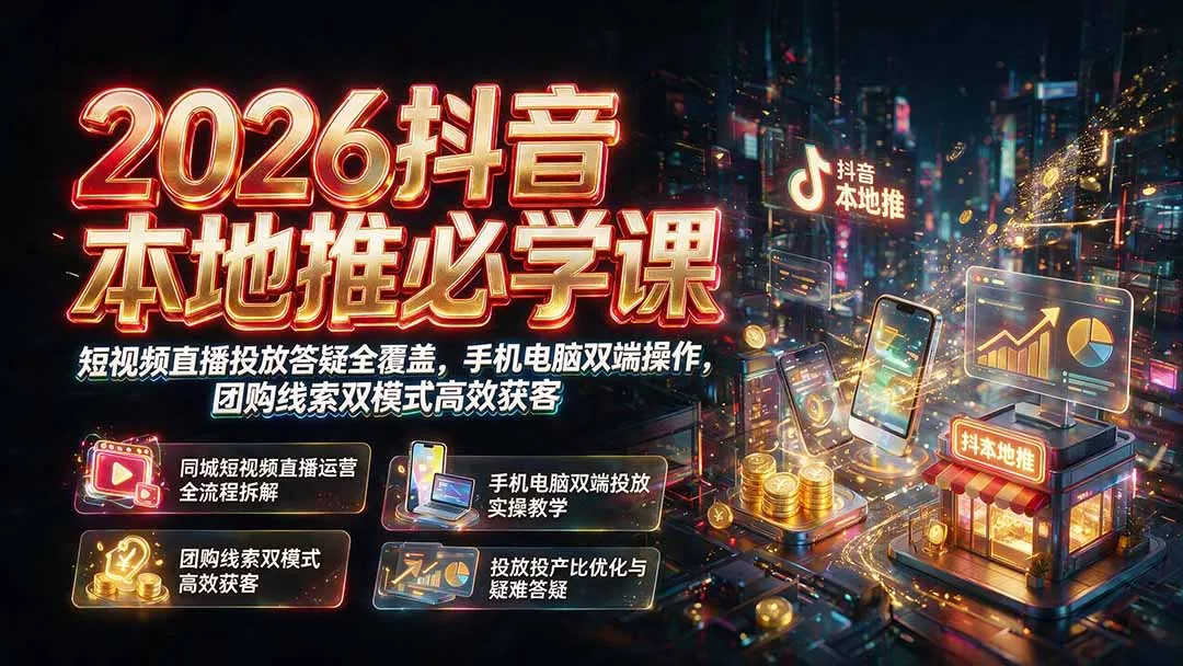 2026抖音本地推必学课｜短视频直播投放答疑全覆盖，手机电脑双端操作，团购线索双模式高效获客 - 来及网络