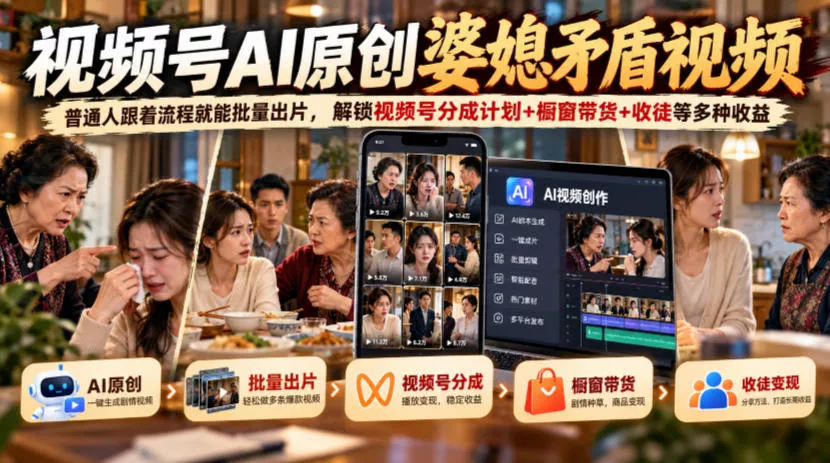 视频号ai原创婆媳矛盾视频，普通人跟着流程就能批量出片，解锁视频号分成计划+橱窗带货+收徒等多种收益 - 来及网络