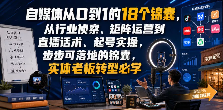自媒体从0到1的18个锦囊，从行业侦察、矩阵运营到直播话术、起号实操，步步可落地的锦囊，实体老板转型必学 - 来及网络