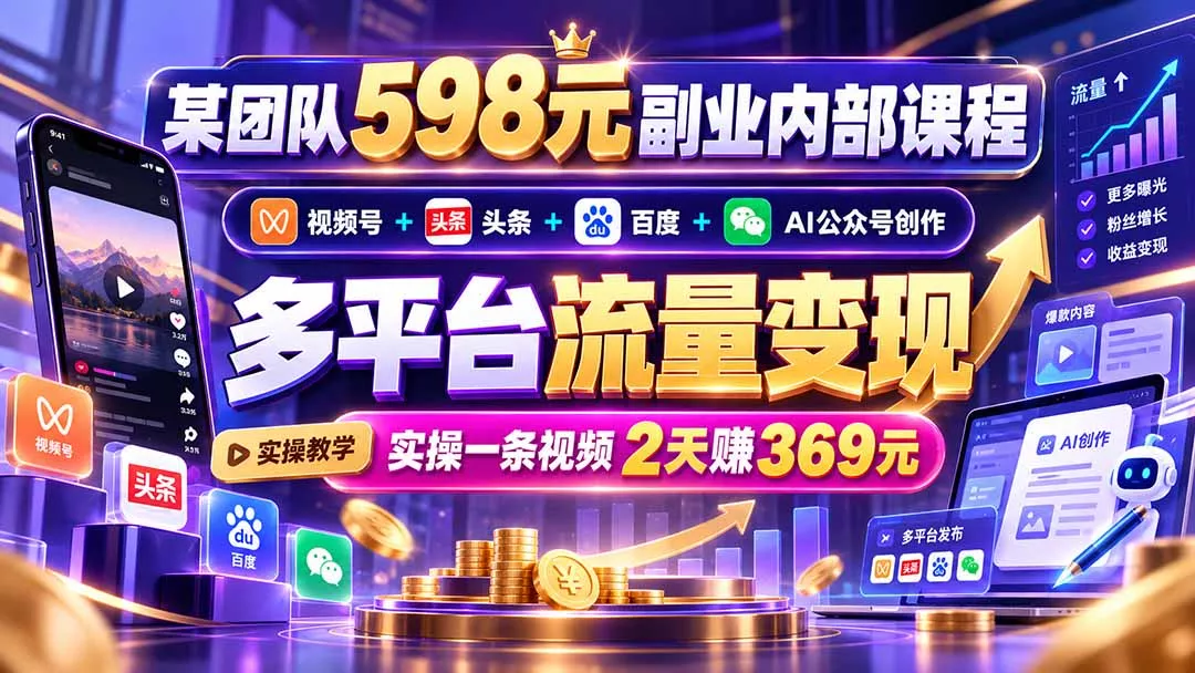 某团队598元副业内部课程：视频号+头条+百度+AI公众号创作、多平台流量变现，实操一条视频2天赚369元 - 来及网络