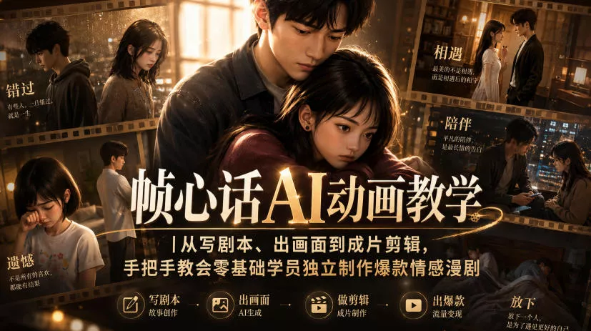帧心话AI动画教学｜从写剧本、出画面到成片剪辑，手把手教会零基础学员独立制作爆款情感漫剧 - 来及网络