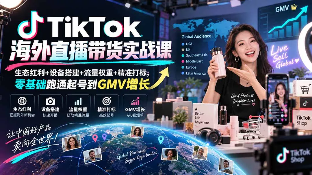 TikTok海外直播带货实战课｜生态红利+设备搭建+流量权重+精准打标，零基础跑通起号到GMV增长 - 来及网络