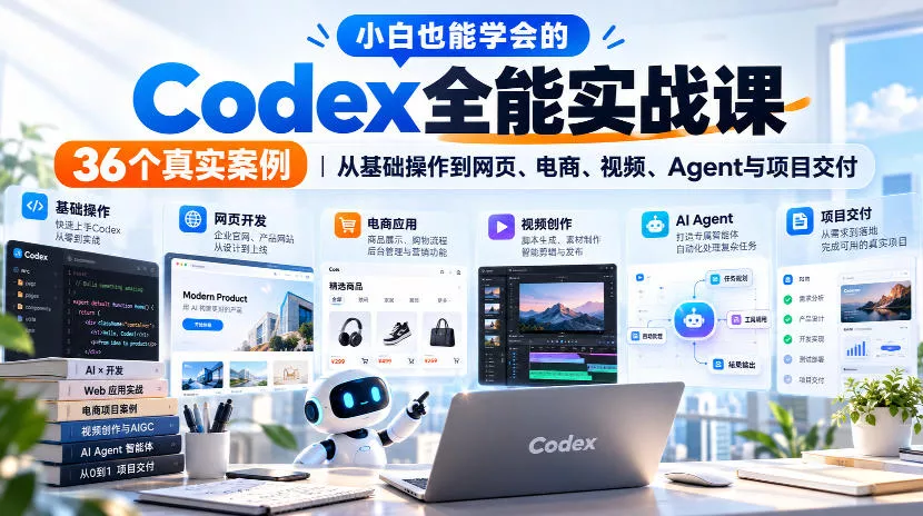 小白也能学会的Codex全能实战课｜36个真实案例，从基础操作到网页、电商、视频、Agent与项目交付 - 来及网络