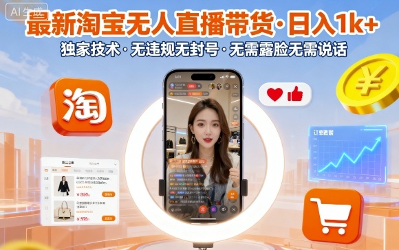 最新淘宝无人直播带货，日入1k+，独家技术，无违规无封号，无需露脸无需说话【揭秘】 - 来及网络