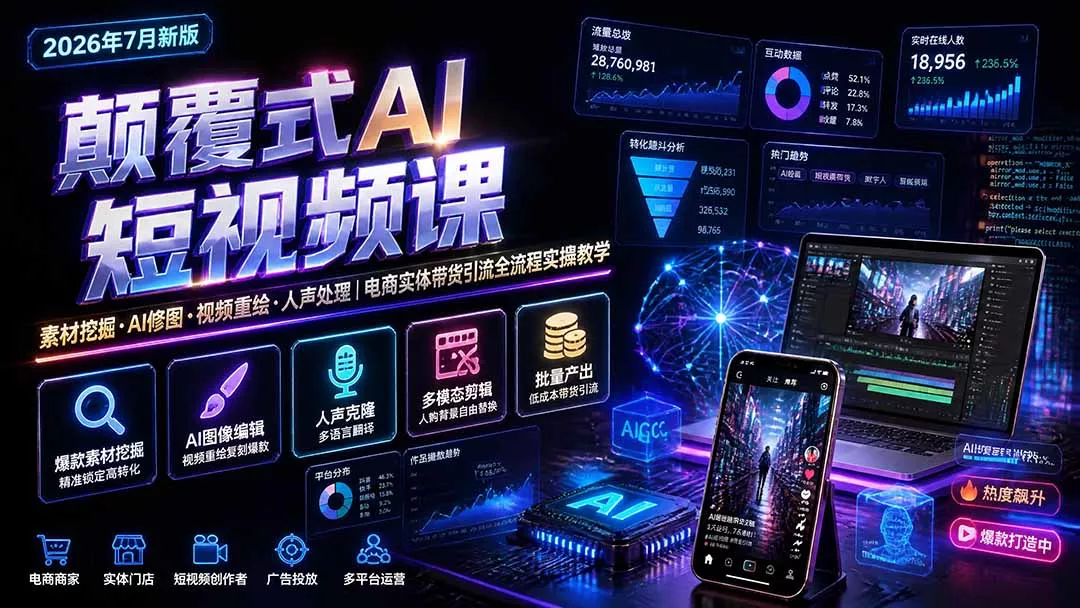 颠覆式AI短视频课-更新｜素材挖掘，AI修图，视频重绘，人声处理｜电商实体带货引流全流程实操教学 - 来及网络