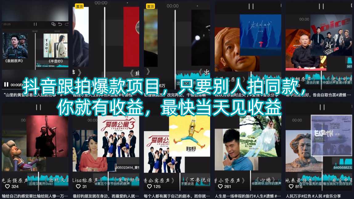 抖音跟拍爆款项目，只要别人拍同款，你就有收益，最快当天见收益 - 来及网络