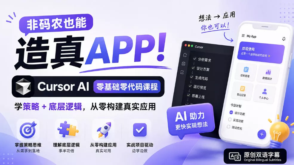 非码农也能造真APP！Cursor AI零基础零代码课程：学策略+底层逻辑，从零构建真实应用【原创双语字幕】 - 来及网络