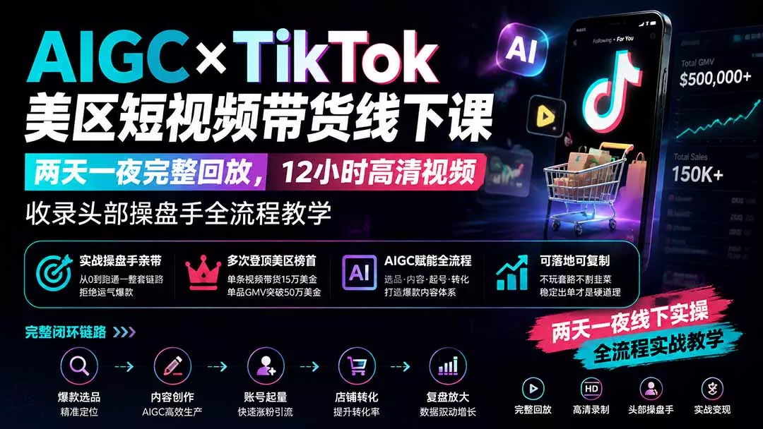 AIGC×TikTok美区短视频带货线下课；两天一夜完整回放，12小时高清视频收录头部操盘手全流程教学 - 来及网络