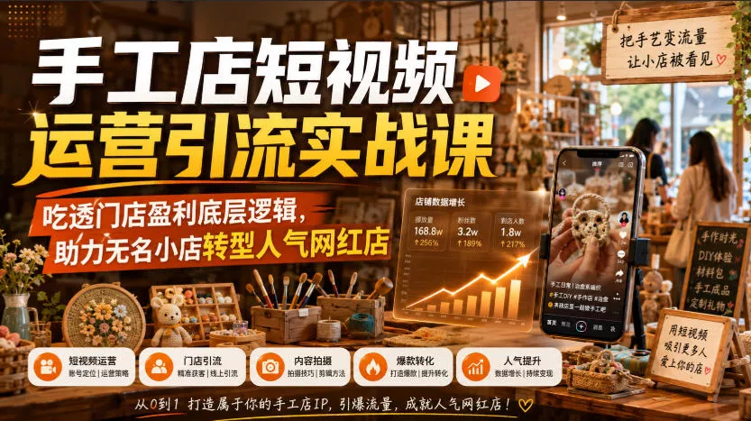 手工店短视频运营引流实战课，吃透门店盈利底层逻辑，助力无名小店转型人气网红店 - 来及网络