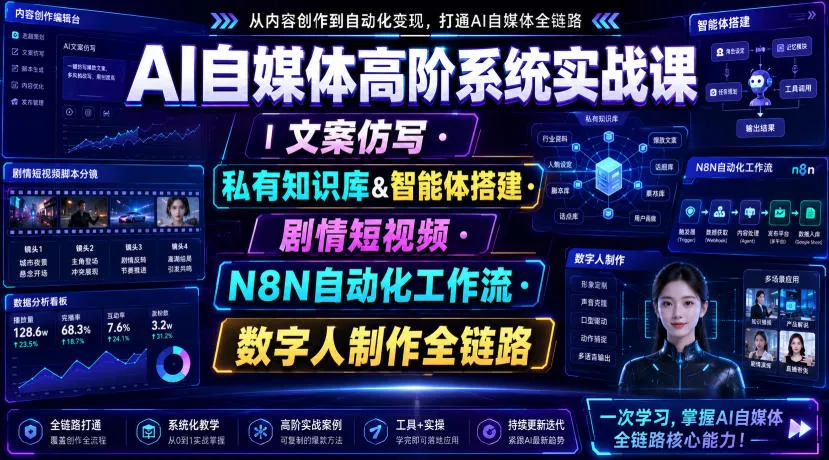 AI自媒体高阶系统实战课｜文案仿写・私有知识库&智能体搭建・剧情短视频・N8N自动化工作流・数字人制作全链路 - 来及网络