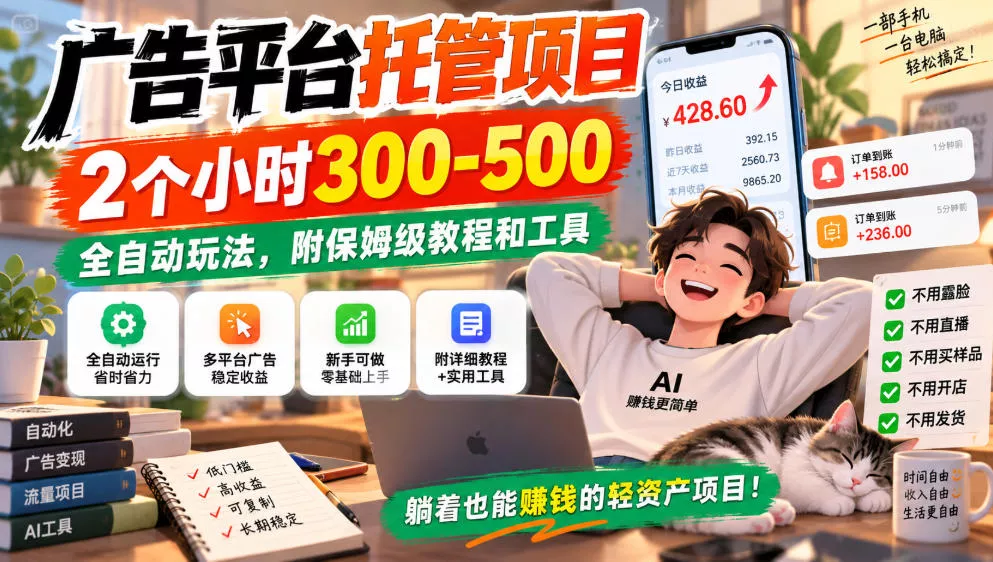 广告平台托管项目，2个小时300-500，全自动玩法，附保姆级教程和工具，小白照着就能做【揭秘】 - 来及网络
