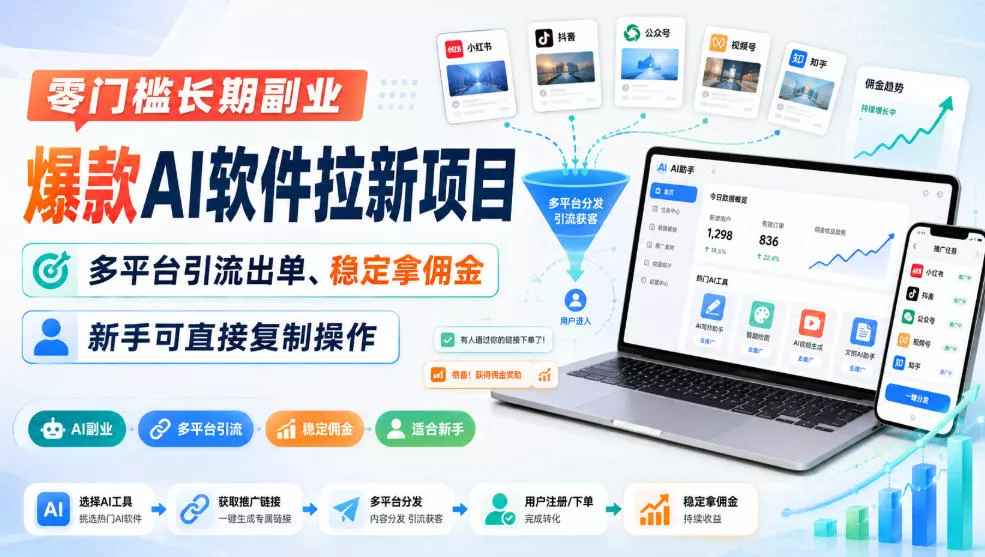 零门槛长期副业，爆款AI软件拉新项目，多平台引流出单、稳定拿佣金，新手可直接复制操作 - 来及网络