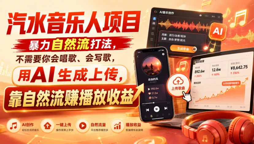 汽水音乐人项目，暴力自然流打法，不需要你会唱歌、会写歌，用AI生成上传，靠自然流賺播放收益 - 来及网络