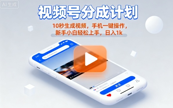 视频号分成计划懒人玩法，10秒生成视频，手机一键操作，新手小白轻松上手，日入1K【揭秘】 - 来及网络