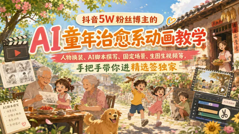 抖音5W粉丝博主的AI童年治愈系动画教学，人物换装、AI脚本撰写、固定场景、生图生视频等，手把手带你进精选签独家 - 来及网络