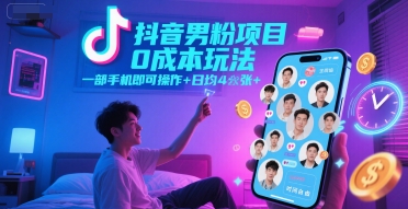 抖音男粉项目0成本玩法，一部手机即可操作，日均4张+，时间自由 - 来及网络