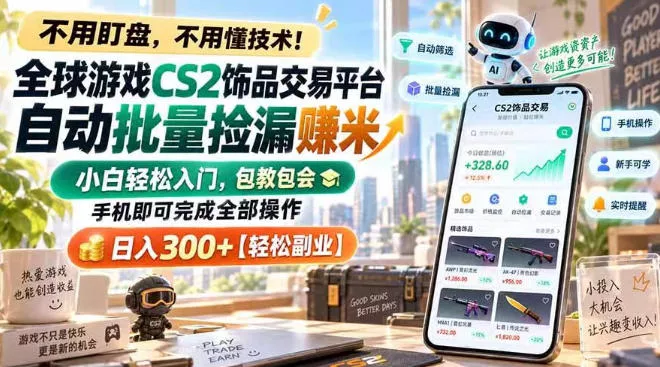 全球游戏CS2饰品交易平台自动批量捡漏賺米，小白轻松入门，包教包会，手机即可完成全部操作，日入300+【揭秘】 - 来及网络