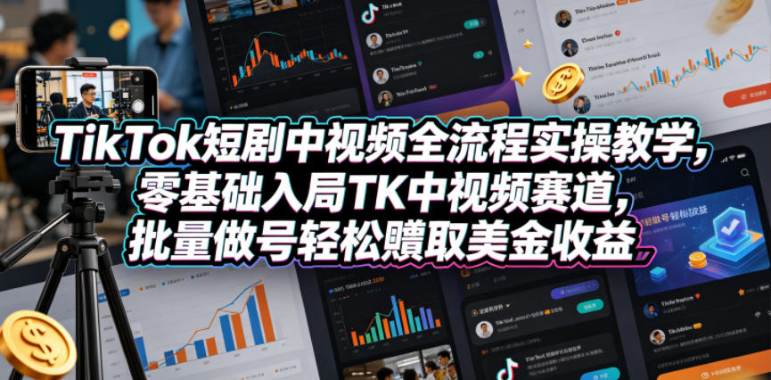 TikTok短剧中视频全流程实操教学，零基础入局TK中视频赛道，批量做号轻松賺取美金收益 - 来及网络