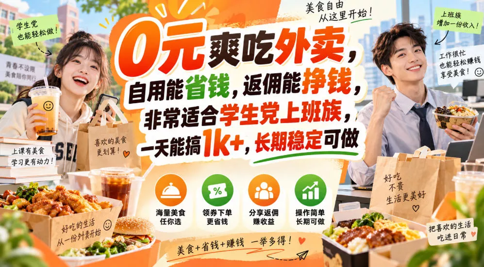 0元爽吃外卖，自用能省钱，返佣能挣钱，非常适合学生党上班族，一天能搞1k+，长期稳定可做 - 来及网络