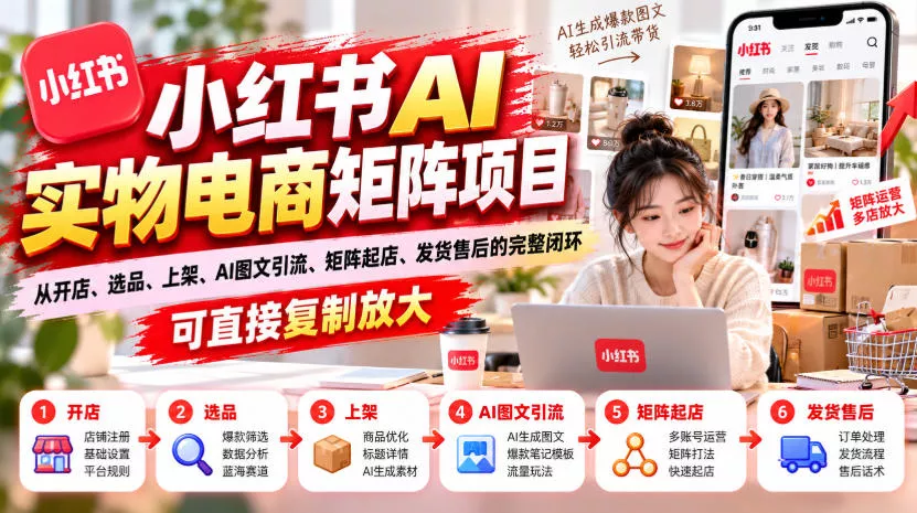小红书AI实物电商矩阵项目，从开店、选品、上架、AI图文引流、矩阵起店、发货售后的完整闭环，可直接复制放大 - 来及网络