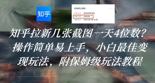 知乎拉新几张截图一天4位数？操作简单易上手，小白最佳变现玩法，附保姆级玩法教程 - 来及网络