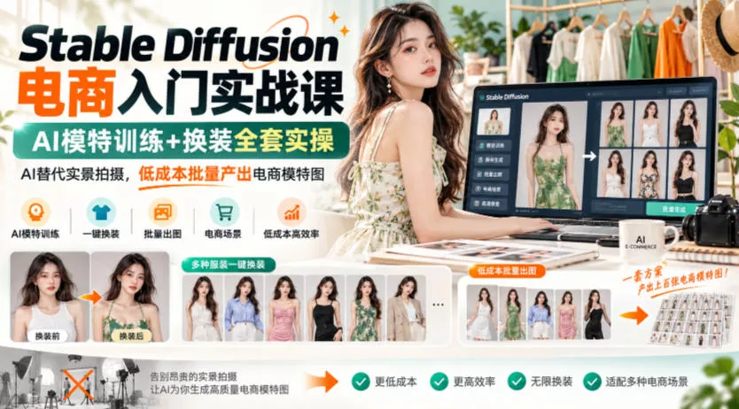 Stable Diffusion电商入门实战课，AI模特训练+换装全套实操，AI替代实景拍摄，低成本批量产出电商模特图 - 来及网络