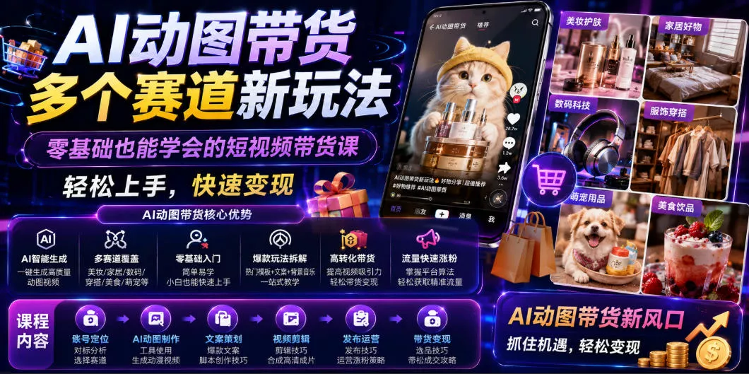 AI动图带货多个赛道新玩法，零基础也能学会的短视频带货课，轻松上手，快速变现 - 来及网络