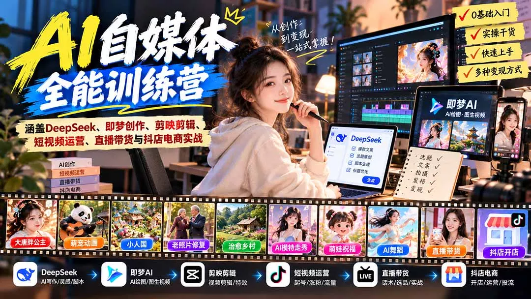 【无水印】AI+自媒体全能训练营：涵盖DeepSeek、即梦创作、剪映剪辑、短视频运营、直播带货与抖店电商实战 - 来及网络