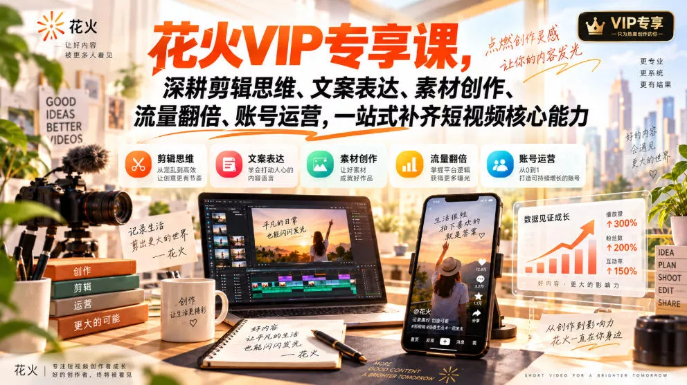 花火VIP专享课，深耕剪辑思维、文案表达、素材创作、流量翻倍、账号运营，一站式补齐短视频核心能力 - 来及网络
