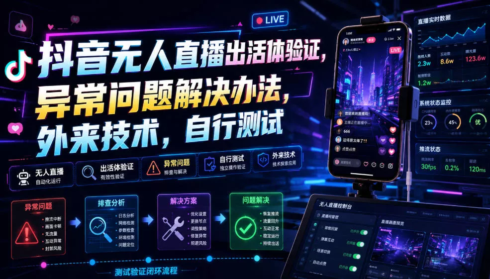 抖音无人直播出活体验证，异常问题解决办法，外来技术，自行测试 - 来及网络
