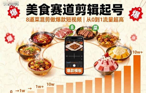 美食赛道剪辑起号，8道菜混剪做爆款短视频，从0到1，流量超高 - 来及网络