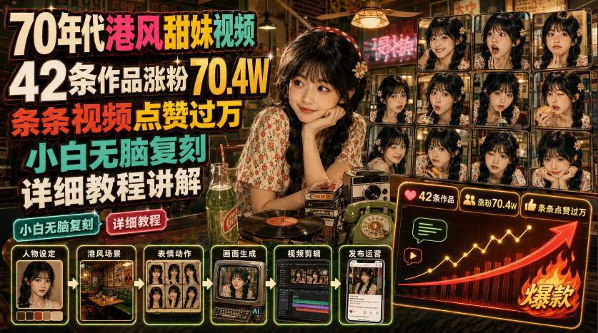 70年代港风甜妹视频，42条作品涨粉70.4W，条条视频点赞过万，小白无脑复刻，详细教程讲解 - 来及网络