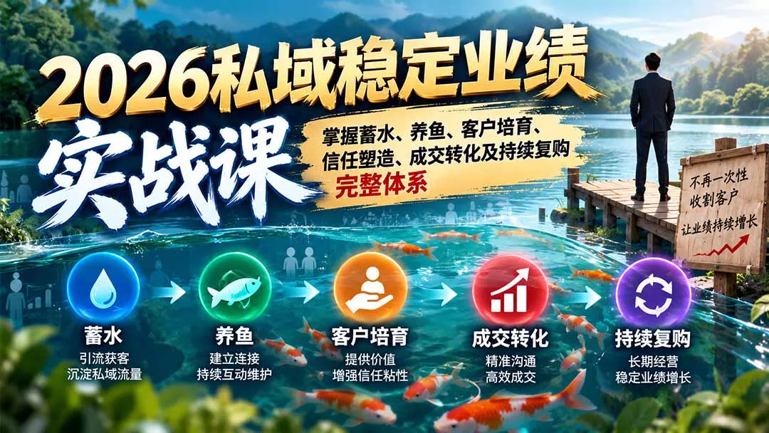 2026私域稳定业绩实战课：掌握蓄水、养鱼、客户培育、信任塑造、成交转化及持续复购完整体系 - 来及网络