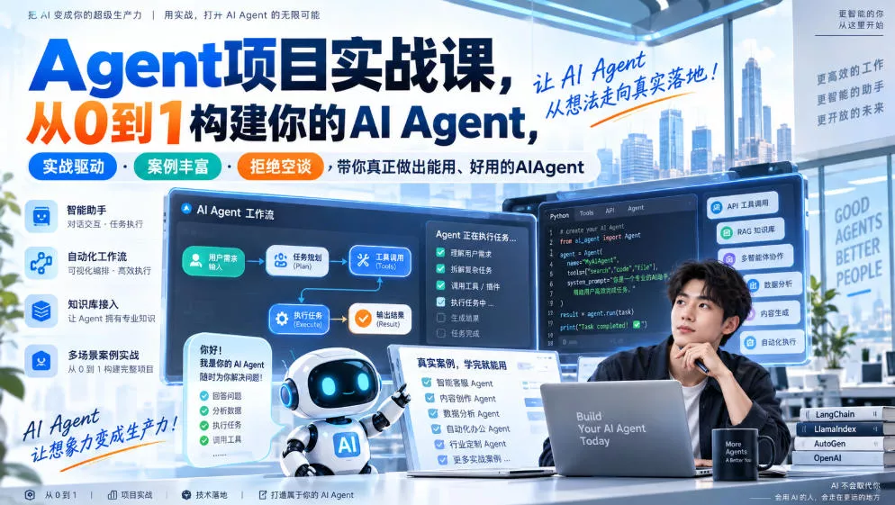 Agent项目实战课，从0到1构建你的AI Agent，实战驱动·案例丰富·拒绝空谈，带你真正做出能用、好用的AIAgent - 来及网络